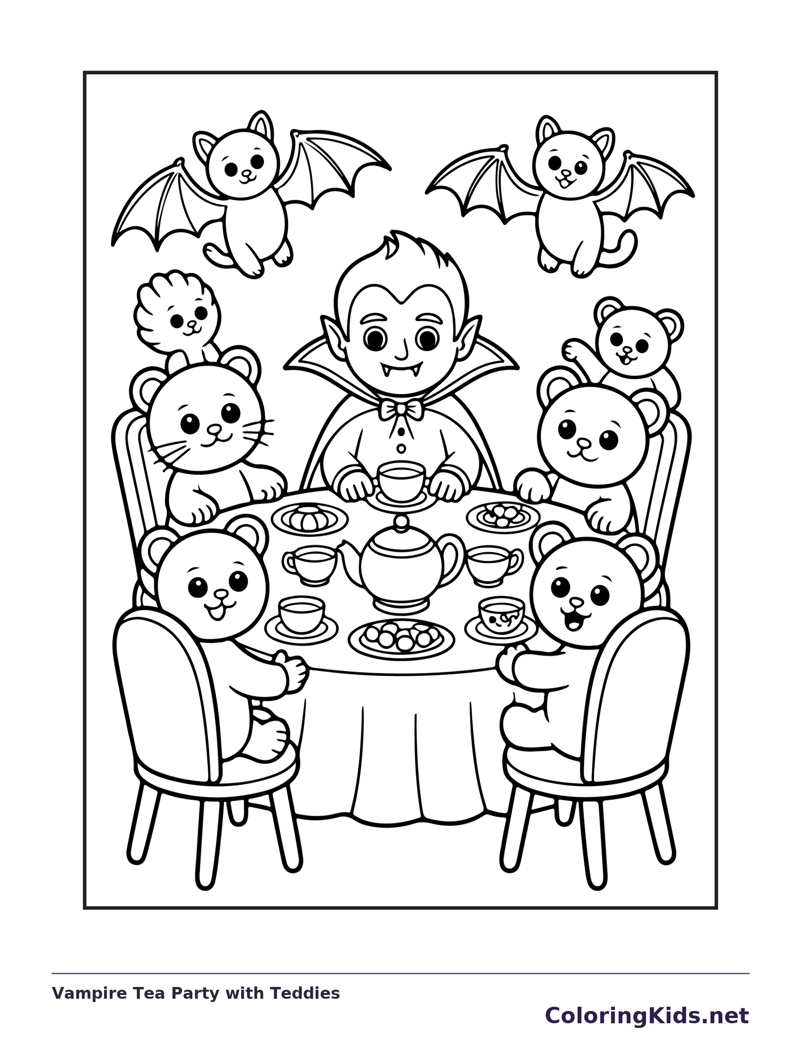 Vampire Tea Party with Teddies coloring page: black and white line art to print or color online