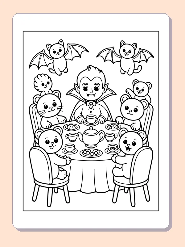 Vampire Tea Party with Teddies coloring page: black and white line art to print or color online