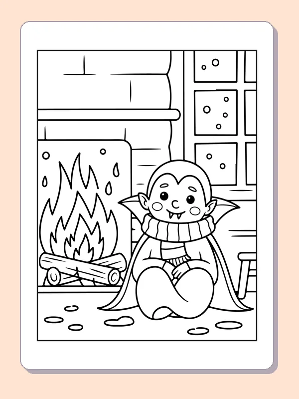 Vampire Warming Up by the Fire coloring page: black and white line art to print or color online