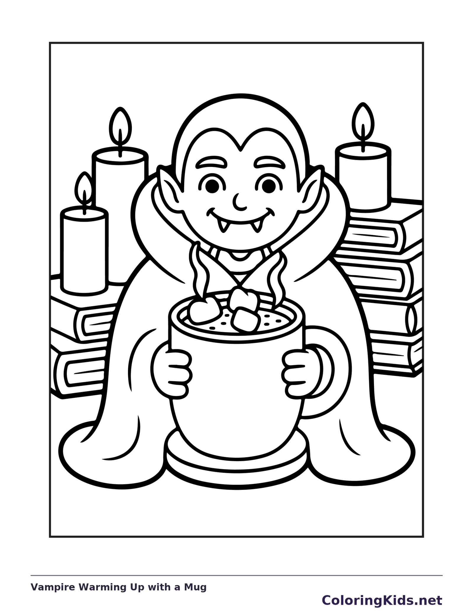 Vampire Warming Up with a Mug coloring page: black and white line art to print or color online