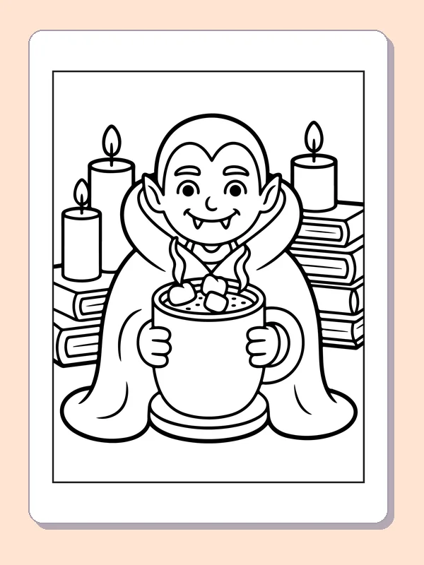 Vampire Warming Up with a Mug coloring page: black and white line art to print or color online