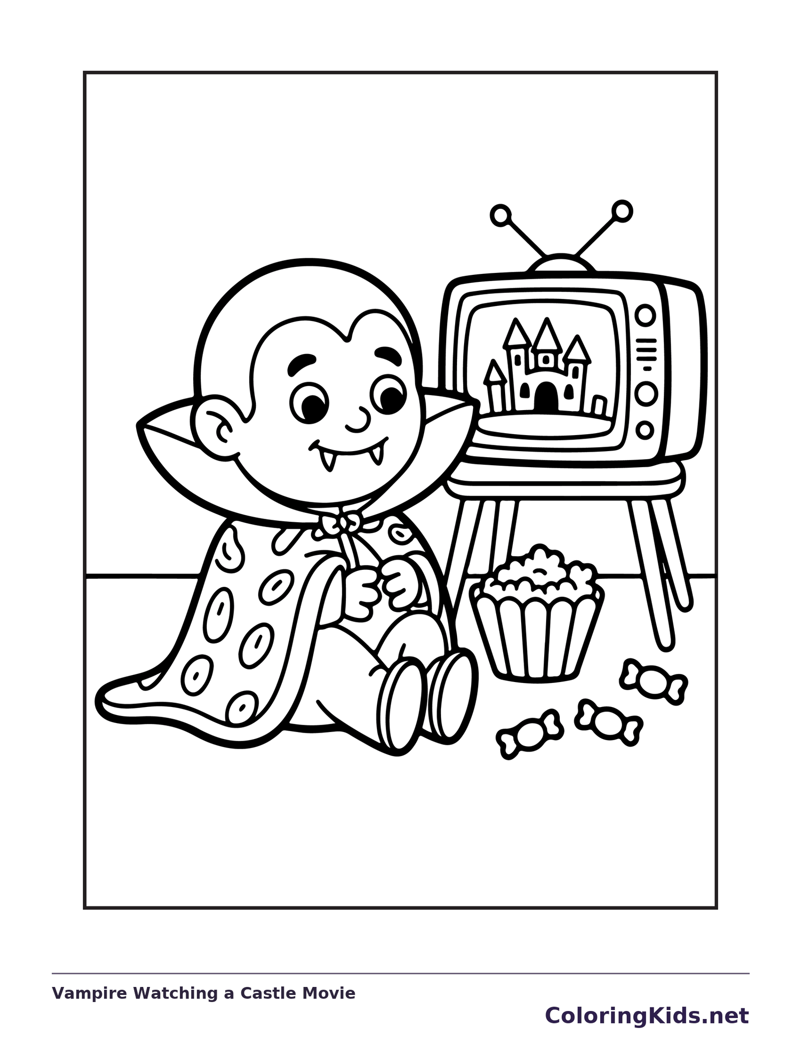 Vampire Watching a Castle Movie coloring page: black and white line art to print or color online