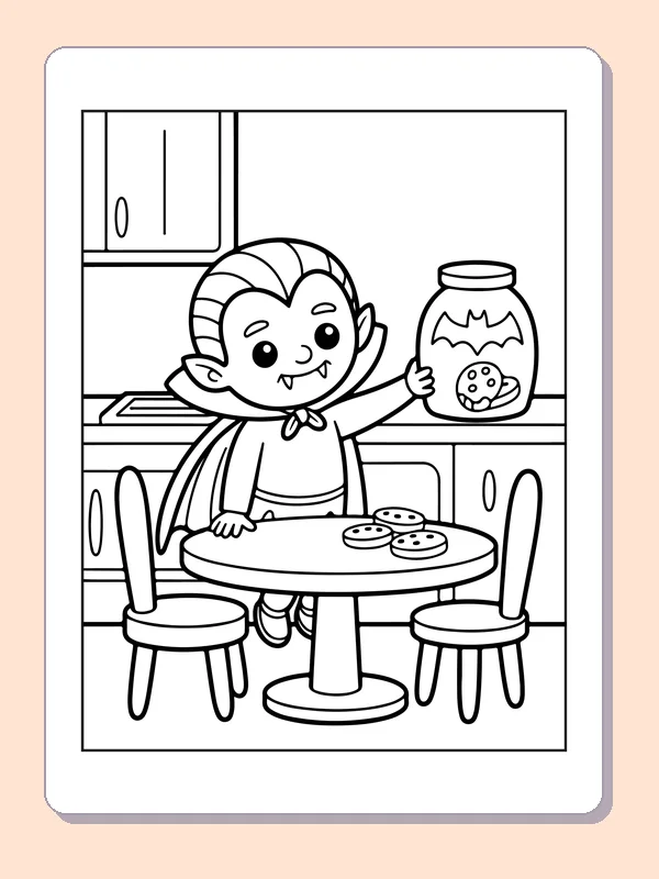 Vampire holding a jar beside cookies coloring page: black and white line art to print or color online