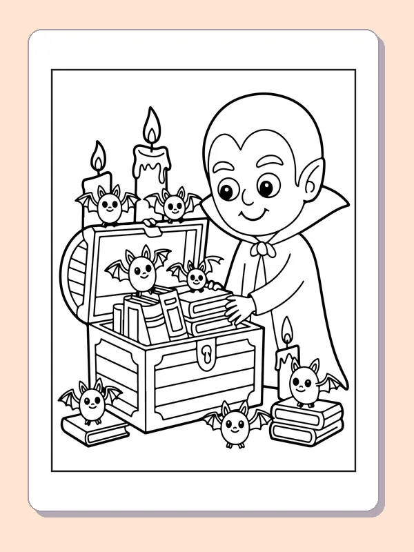 Vampire with Bats and a Treasure Chest coloring page: black and white line art to print or color online