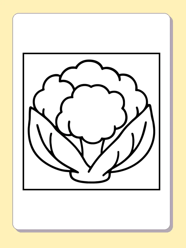Cauliflower Florets above Leaves coloring page: black and white line art to print or color online