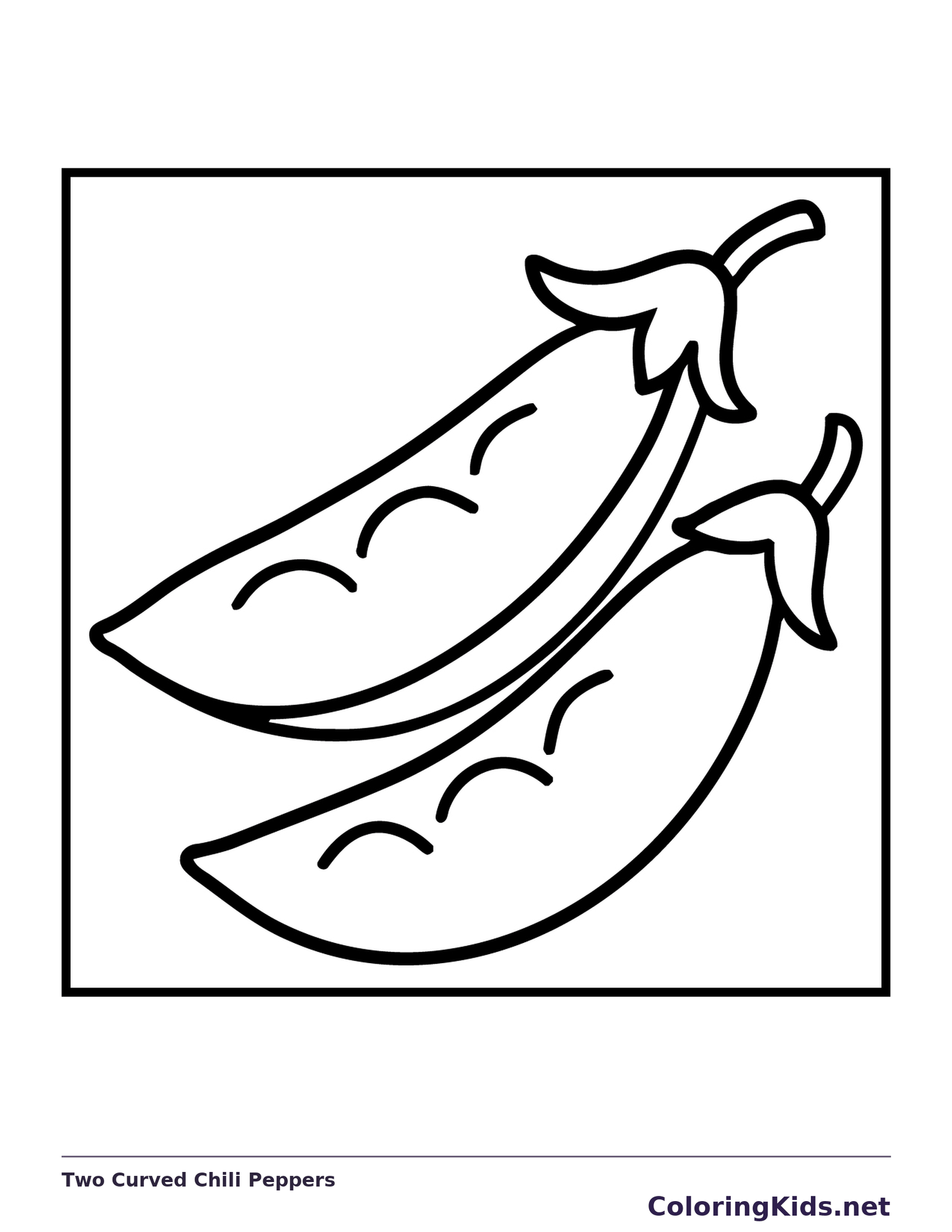 Two Curved Chili Peppers coloring page: black and white line art to print or color online