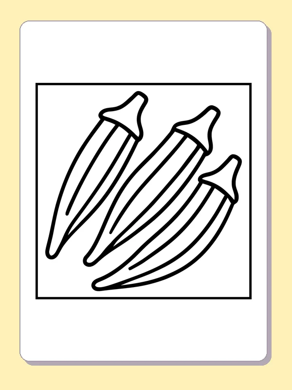 Three Long Okra Pods coloring page: black and white line art to print or color online