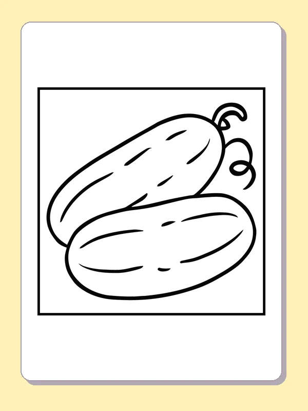 Two Cucumbers with a Curling Stem coloring page: black and white line art to print or color online