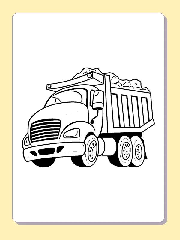 Black and white printable dump truck of rocks coloring sheet