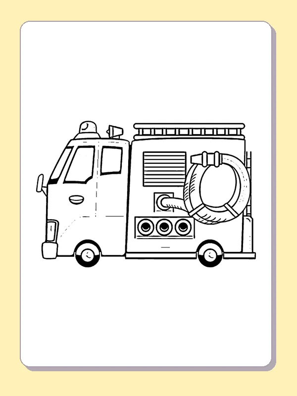 Black and white printable fire engine side view coloring sheet