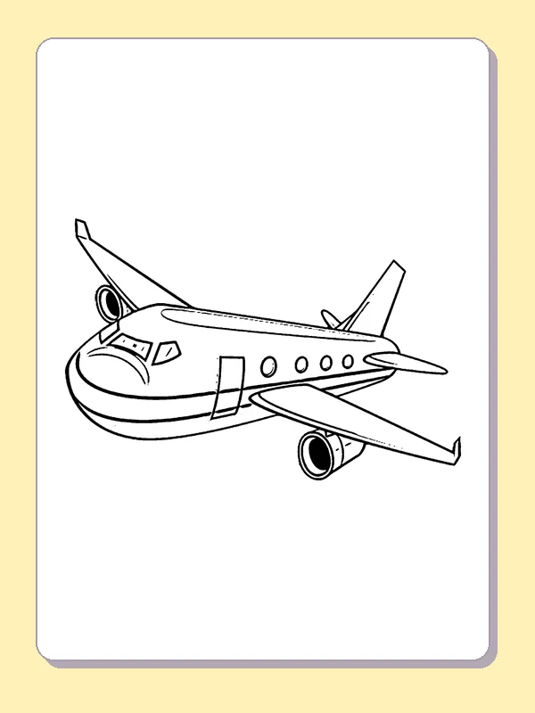 Black and white printable passenger airplane in flight coloring sheet