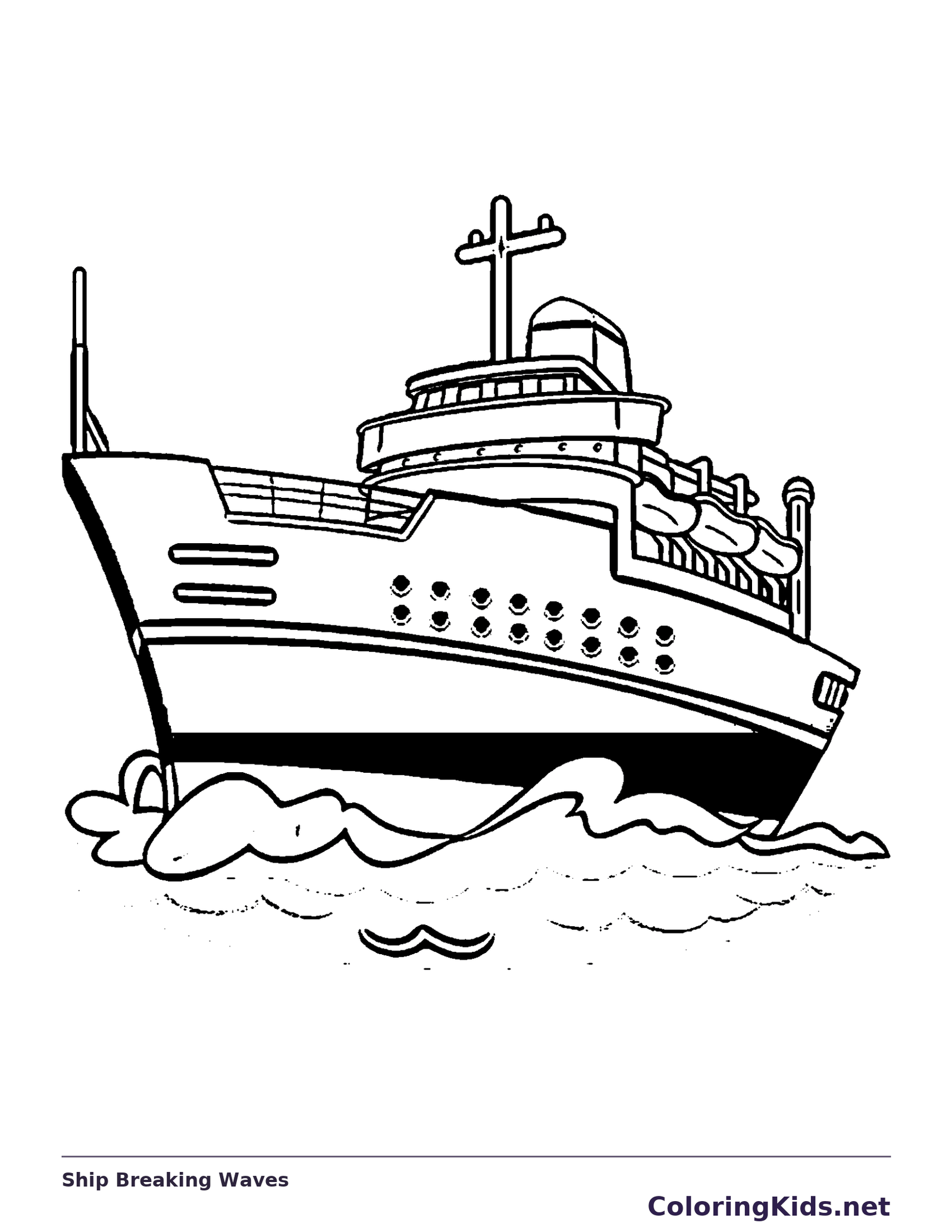 Black and white printable ship breaking waves coloring sheet