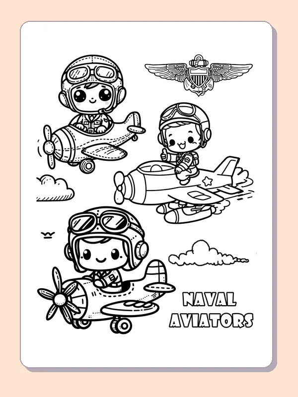 Black and white printable aviators in small propeller planes coloring sheet