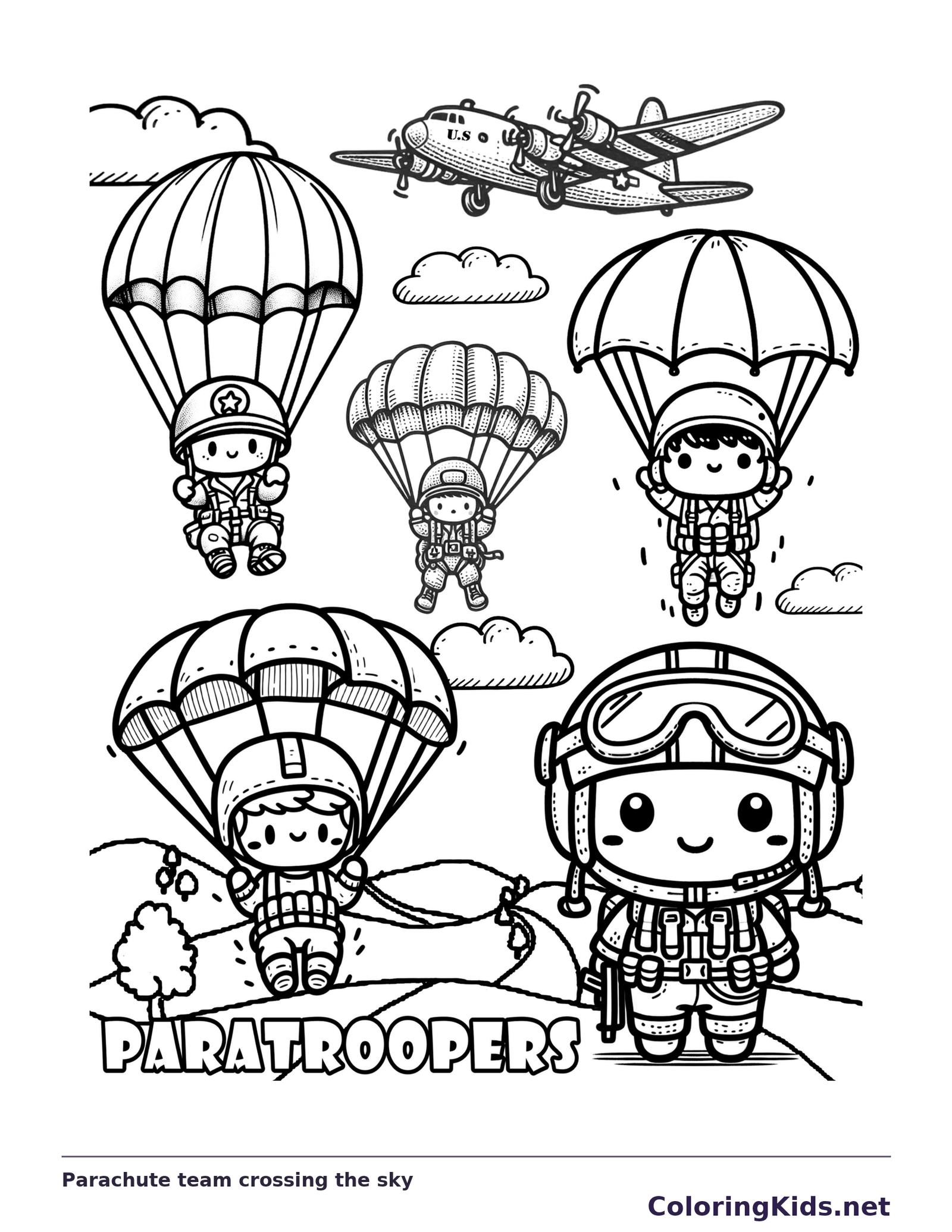 Black and white printable parachute team crossing the sky coloring sheet