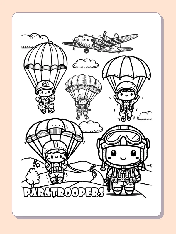 Black and white printable parachute team crossing the sky coloring sheet