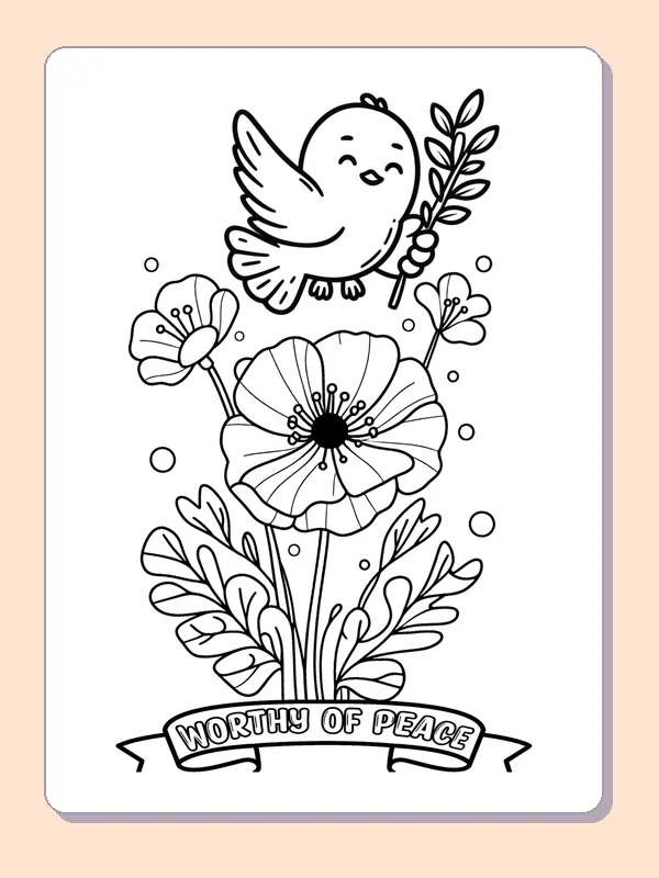 Black and white printable peace dove among poppies coloring sheet