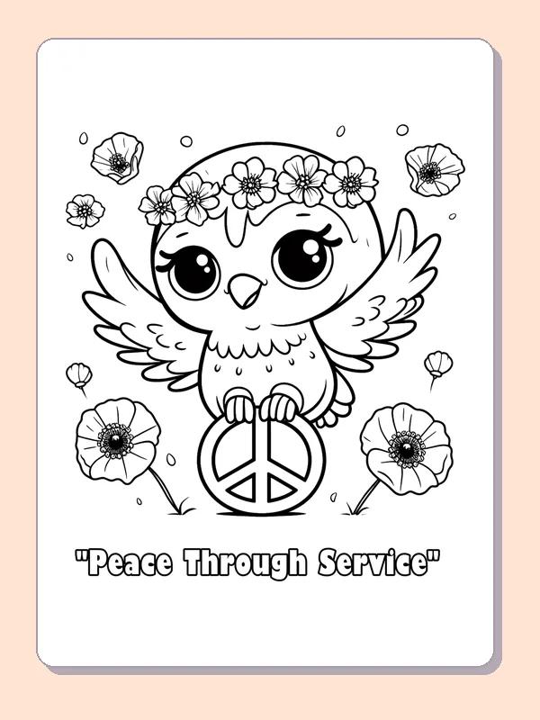 Black and white printable peace owl with a flower crown coloring sheet