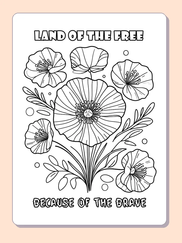 Black and white printable poppies beneath a thank-you banner coloring sheet
