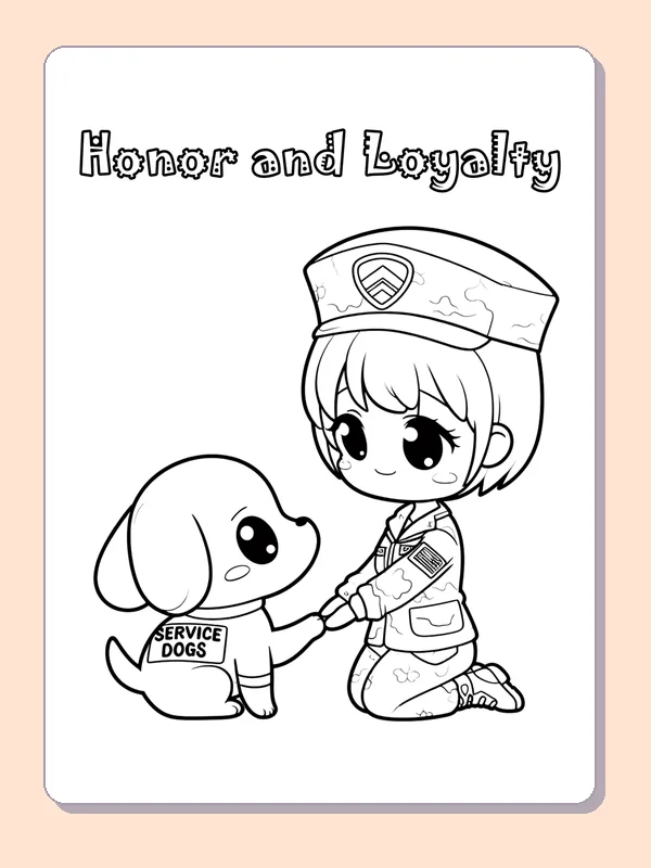 Black and white printable service member greeting a dog coloring sheet