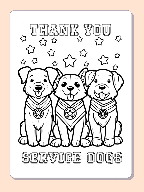 Black and white printable three service dogs with medals coloring sheet