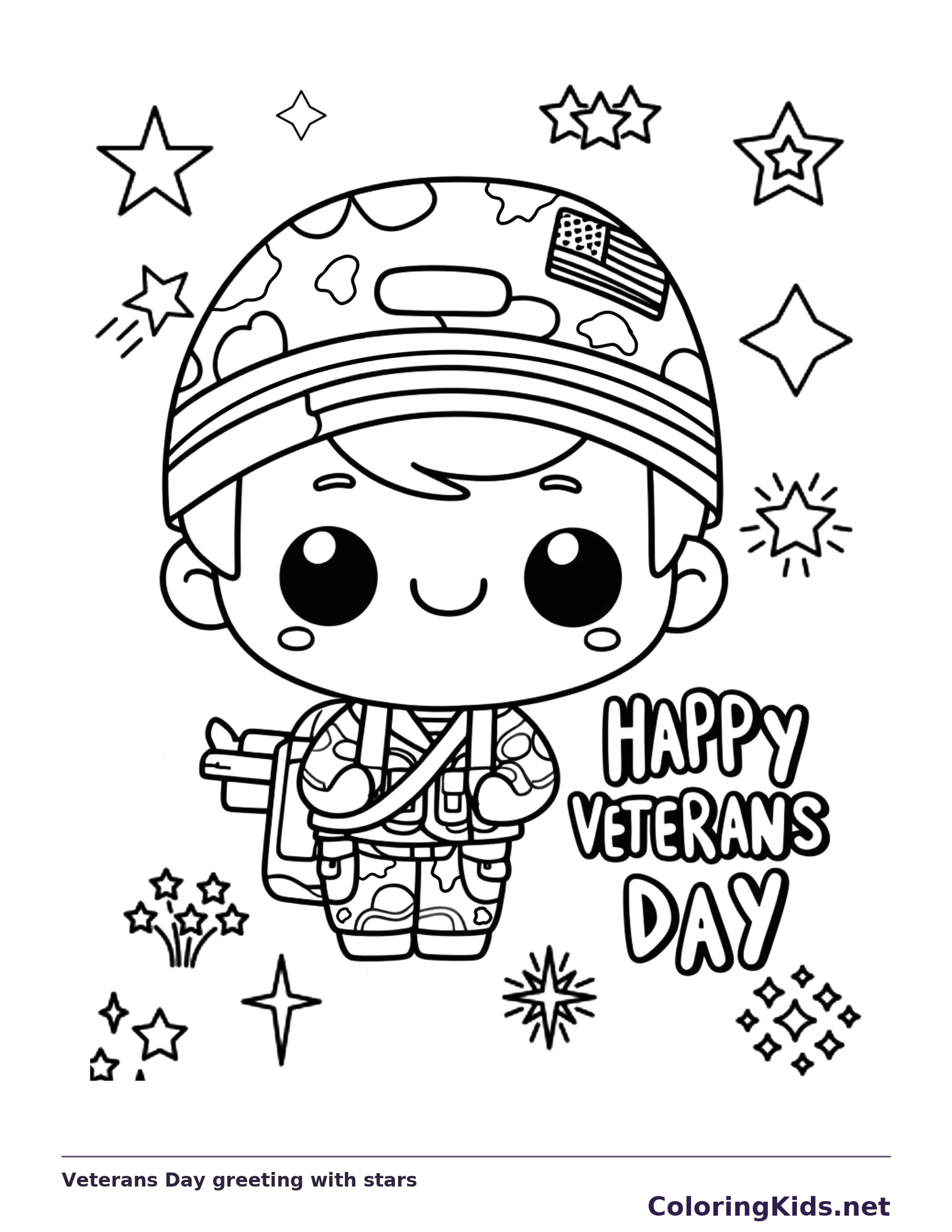 Black and white printable veterans day greeting with stars coloring sheet