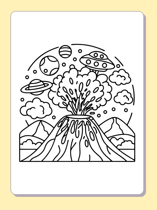 Black and white printable close-up volcano with flying saucer coloring sheet