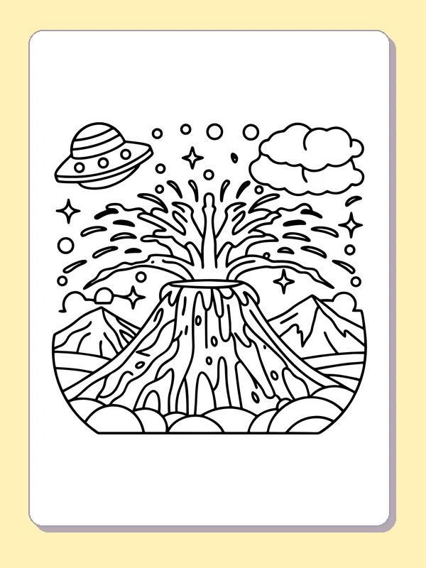 Fountain-shaped volcano eruption below a flying saucer, clouds and stars