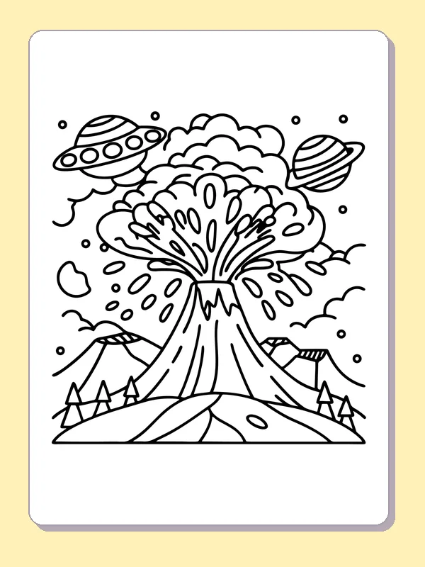 Black and white printable high eruption across a planet sky coloring sheet