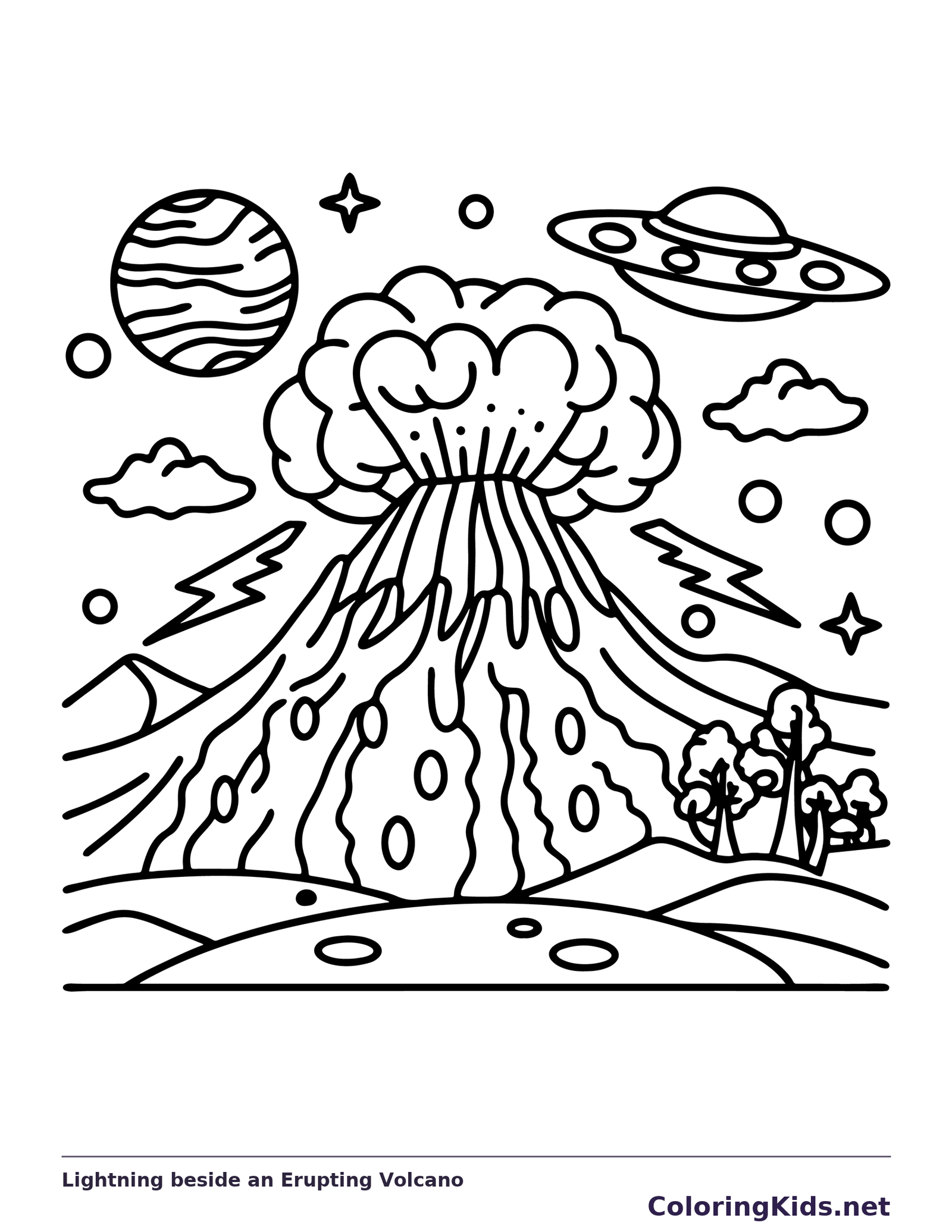Black and white printable lightning beside an erupting volcano coloring sheet