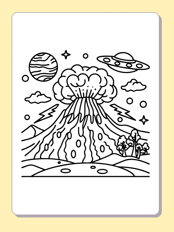 Black and white printable lightning beside an erupting volcano coloring sheet