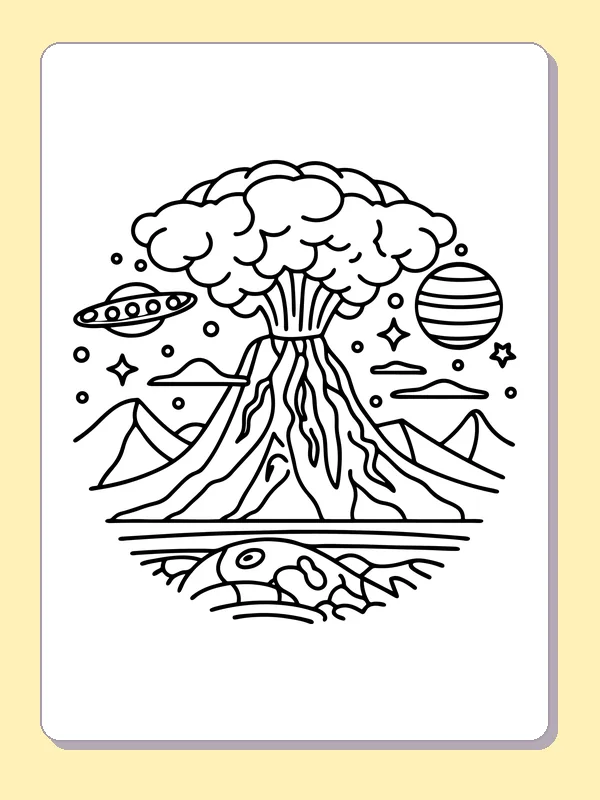 Black and white printable smoking volcano below a ufo coloring sheet