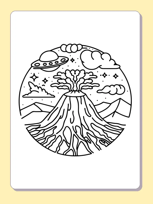 Black and white printable spaceship above a lava river coloring sheet