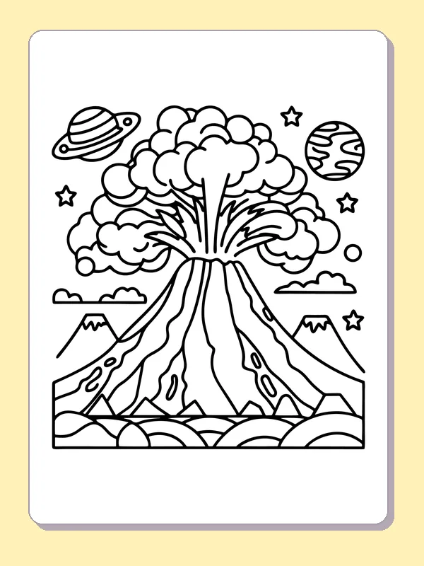 Black and white printable tall volcano under ringed planets coloring sheet