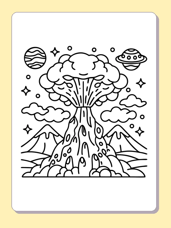 Black and white printable twin mountains beside a smoking volcano coloring sheet