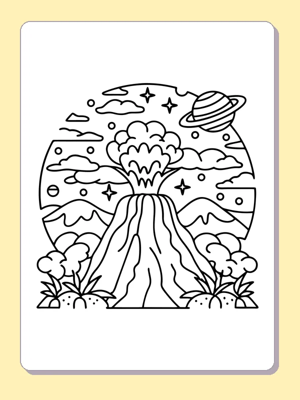 Black and white printable volcano between two starry hills coloring sheet