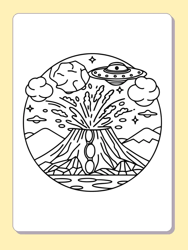 Black and white printable volcano rising inside a space circle coloring sheet
