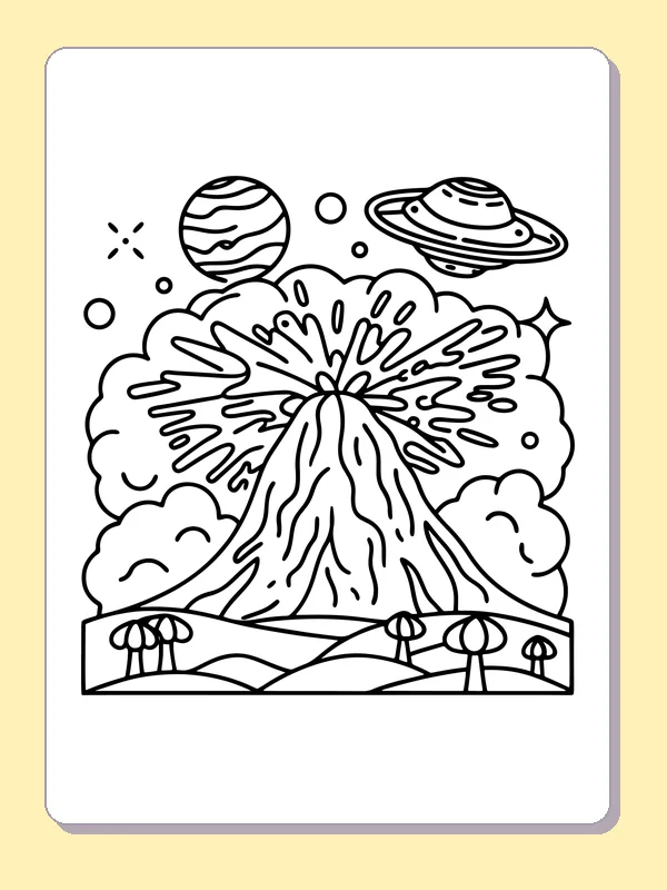 Black and white printable wide lava burst with distant trees coloring sheet