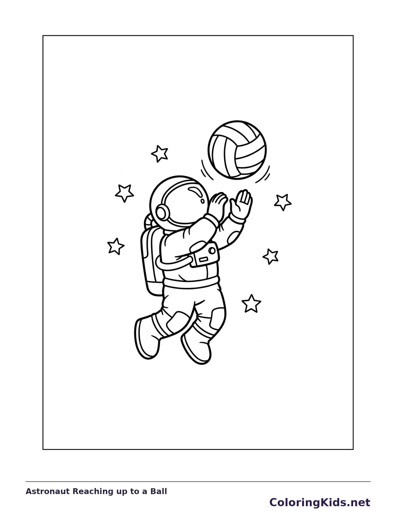 Astronaut Reaching up to a Ball coloring page: black and white line art to print or color online
