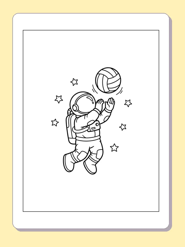 Astronaut Reaching up to a Ball coloring page: black and white line art to print or color online