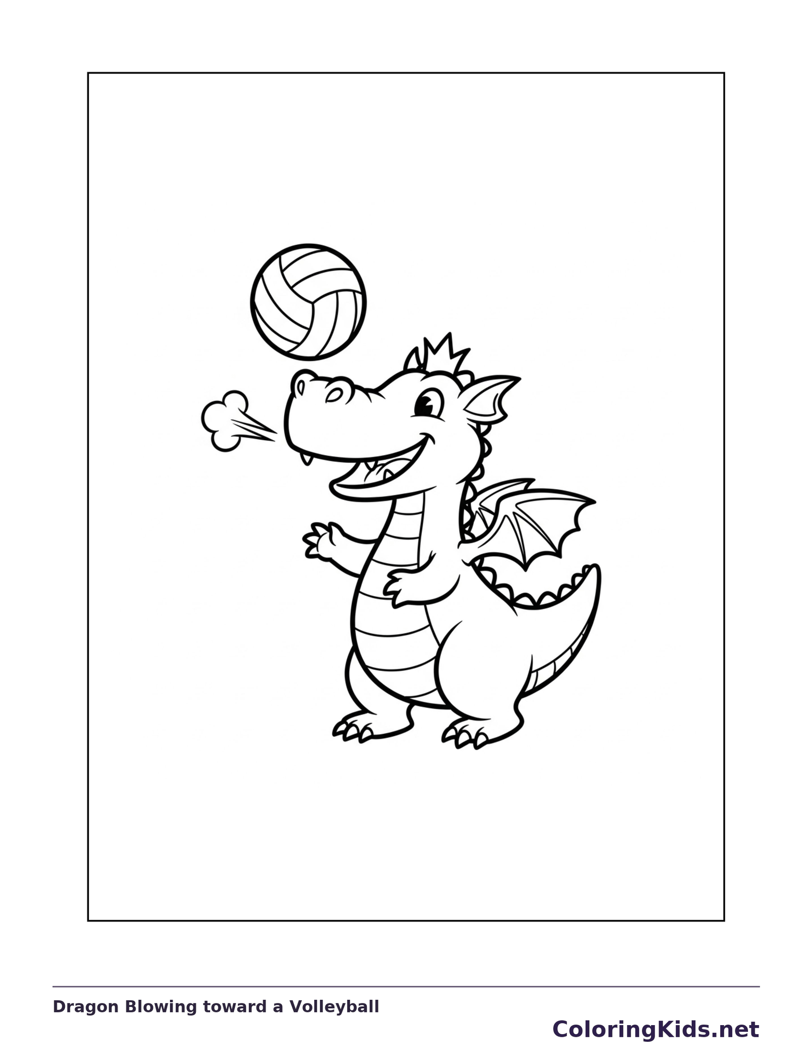 Dragon Blowing toward a Volleyball coloring page: black and white line art to print or color online