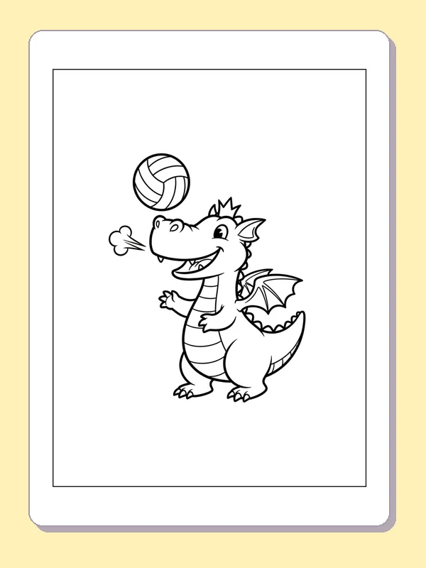 Dragon Blowing toward a Volleyball coloring page: black and white line art to print or color online