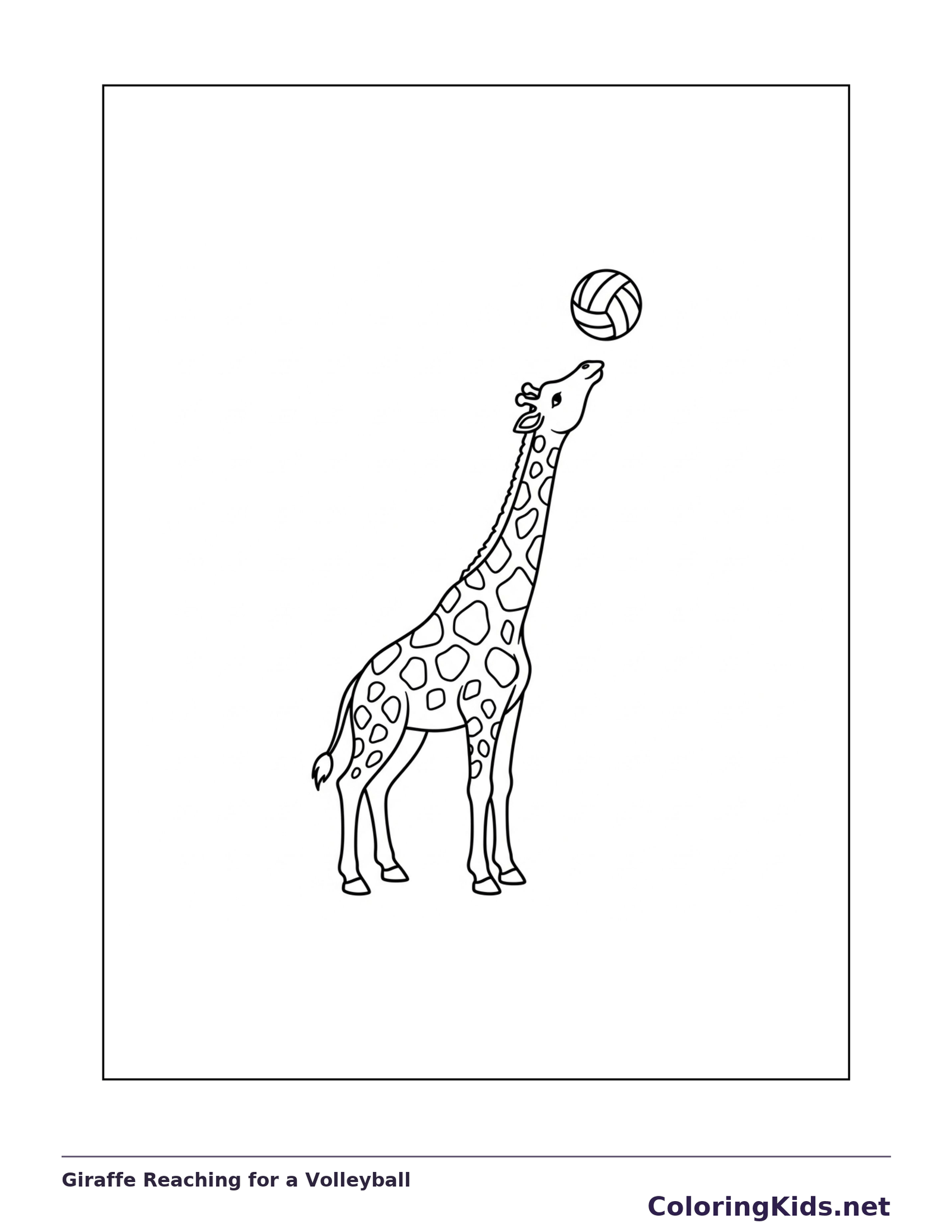 Giraffe Reaching for a Volleyball coloring page: black and white line art to print or color online