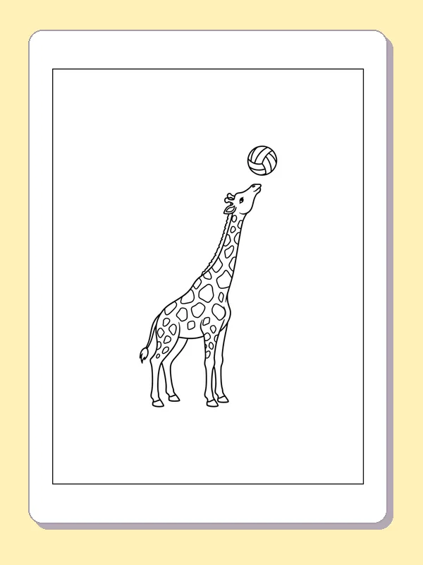 Giraffe Reaching for a Volleyball coloring page: black and white line art to print or color online