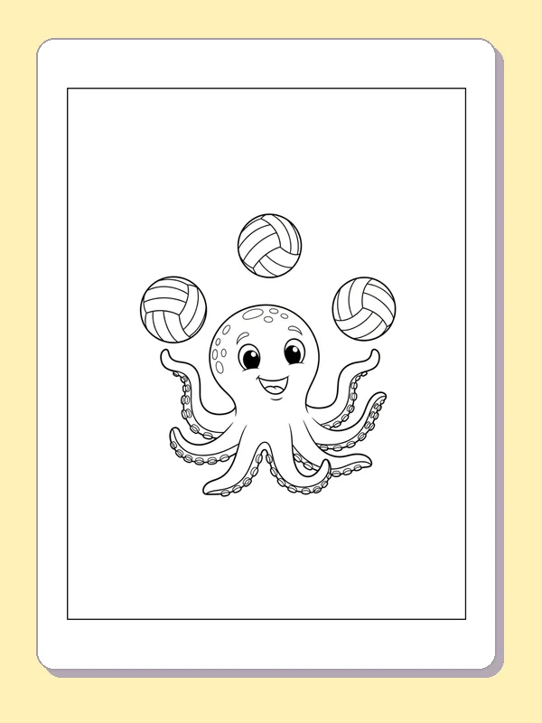 Octopus Juggling Three Volleyballs coloring page: black and white line art to print or color online