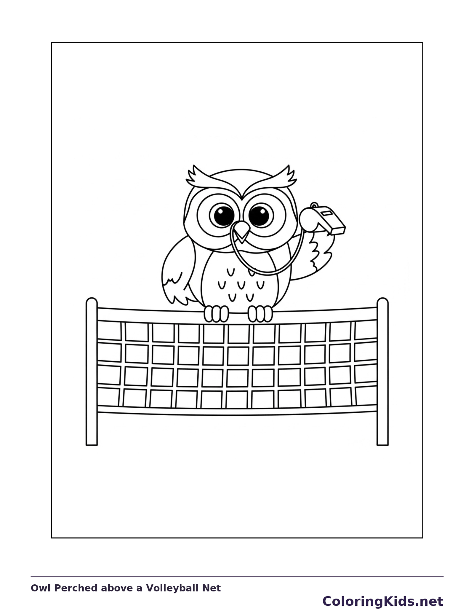 Owl Perched above a Volleyball Net coloring page: black and white line art to print or color online