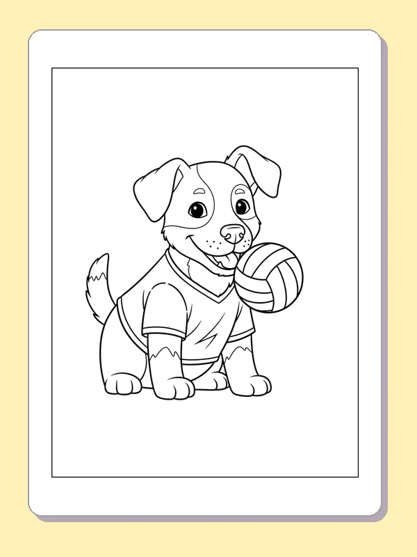 Shirted Puppy with a Volleyball coloring page: black and white line art to print or color online