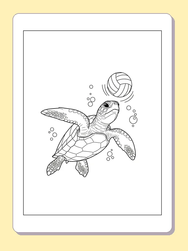 Sea Turtle beneath a Floating Ball coloring page: black and white line art to print or color online