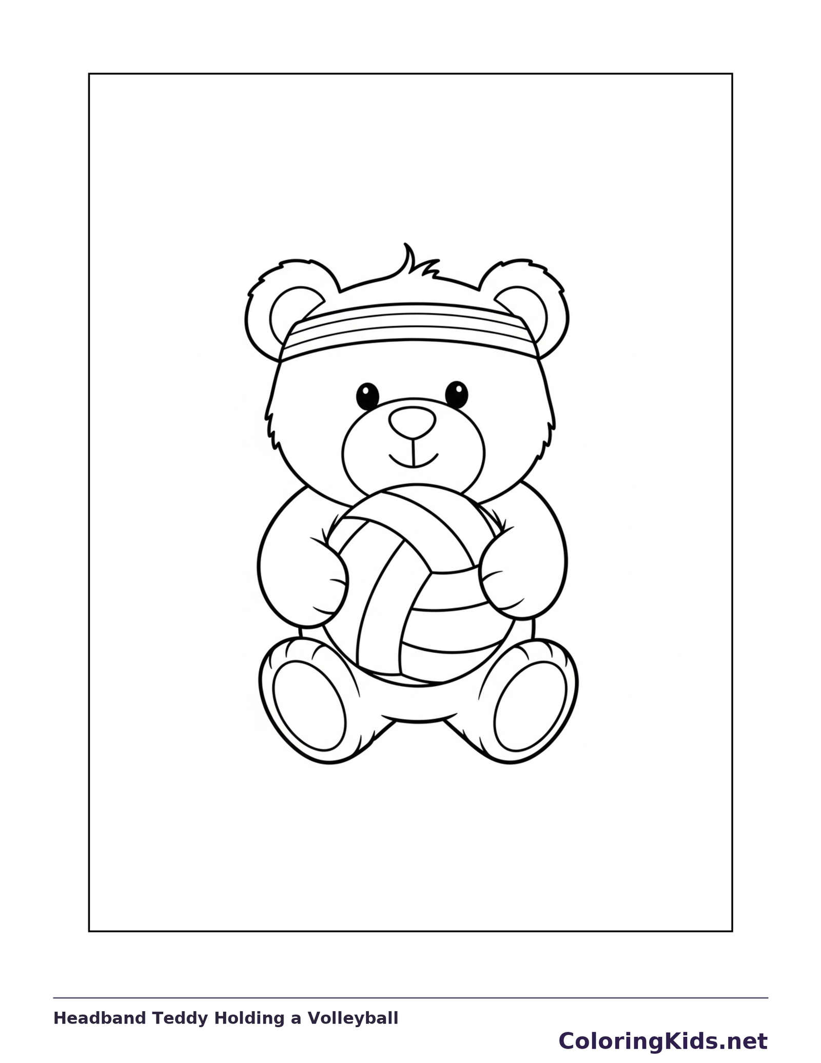 Headband Teddy Holding a Volleyball coloring page: black and white line art to print or color online