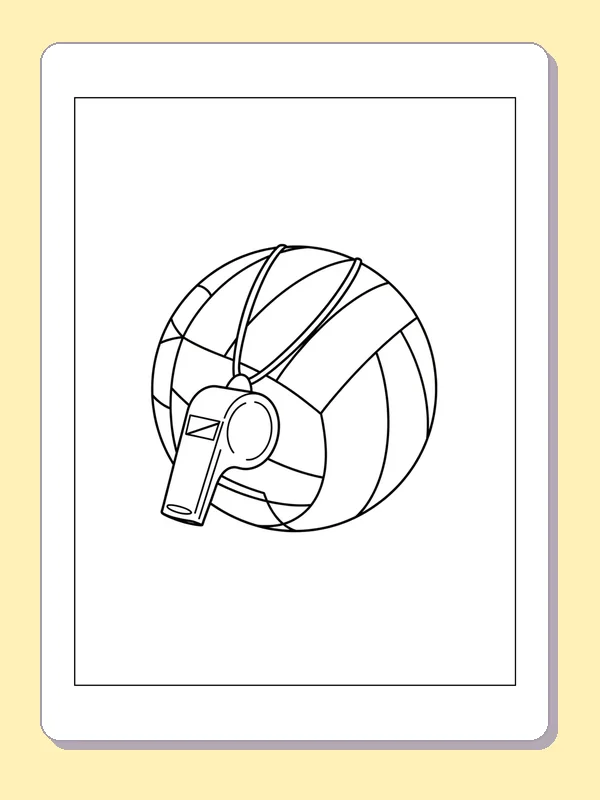 Volleyball with a Whistle and Cord coloring page: black and white line art to print or color online