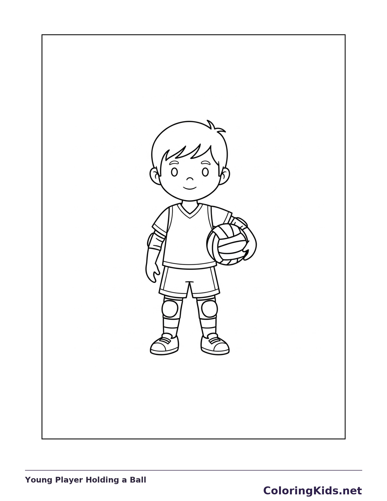 Young Player Holding a Ball coloring page: black and white line art to print or color online
